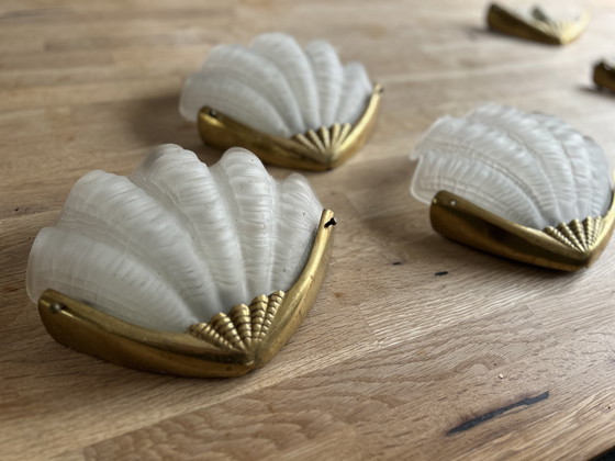 Image 1 of 3x Wandleuchte Schalen - Art Deco - Glas und Messing