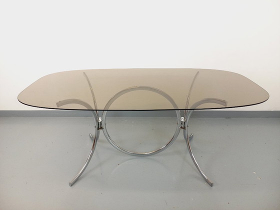 Image 1 of Table à manger rectangulaire arrondie vintage en verre fumé et métal chromé style Space Age des années 70