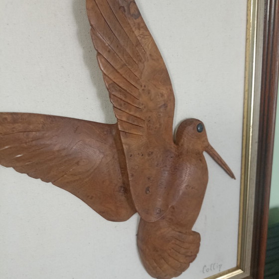 Vintage 3D Wood Relief "Bécasse Montante" (Woodcock) 40x30, Sculpture, Beige (photo 5 of 7)