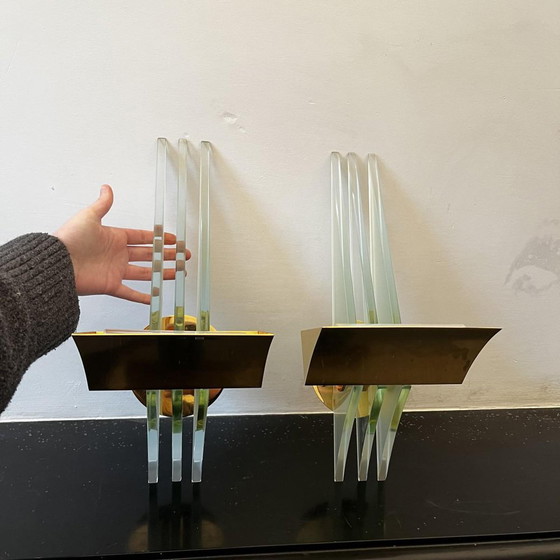 Hollywood Regency Wandlampen in vergulde messing voetstukken, 1970, Set van 2 – Metal, Glass, Art Deco (photo 3 of 15)