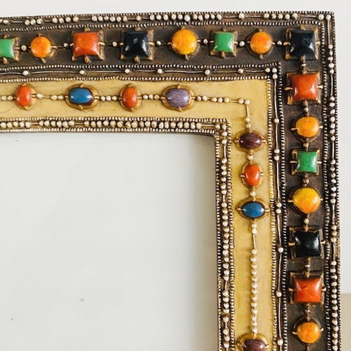 Vintage metal photo frame with colorful stones, antique look, semi-precious stones, 1980s