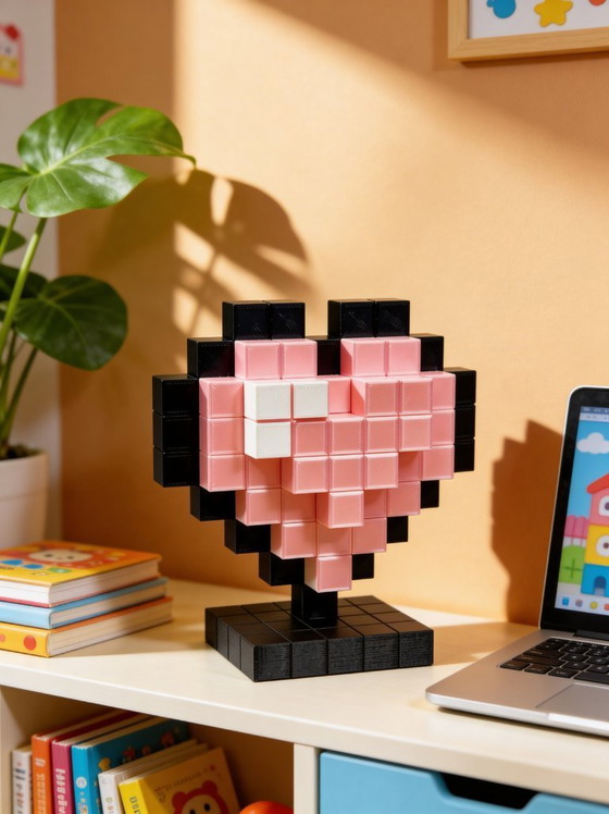Image 1 of 3D Printed Pink Pixel Heart – Retro Gamer Desk Decor