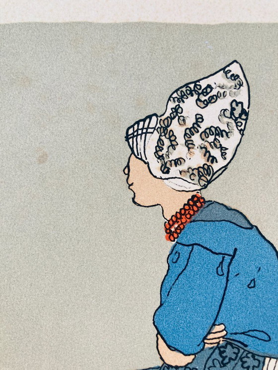 Image 1 of Lars Norrman - Vintage Lithografie - Vrouw in Nederlandse Klederdracht