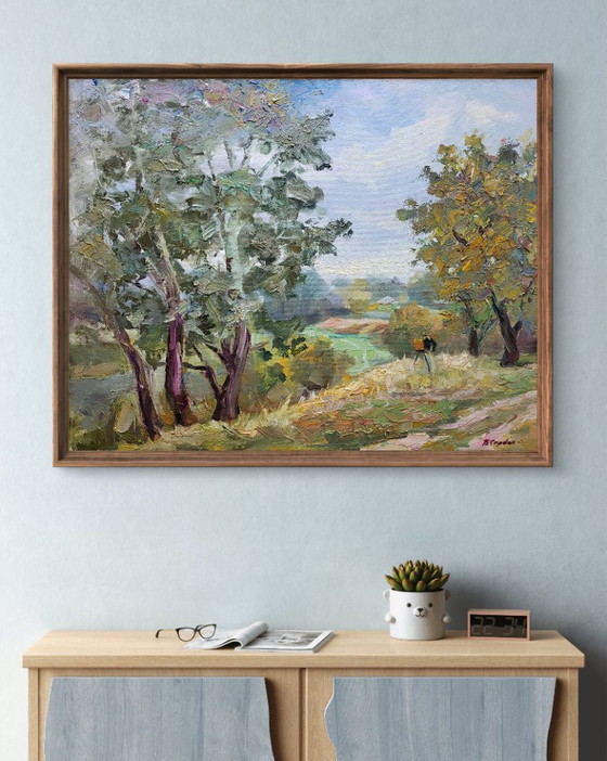 Pittura a olio originale Paesaggio naturale Colline Pioppo argentato – Dipinti e disegni, Canvas (photo 2 of 7)