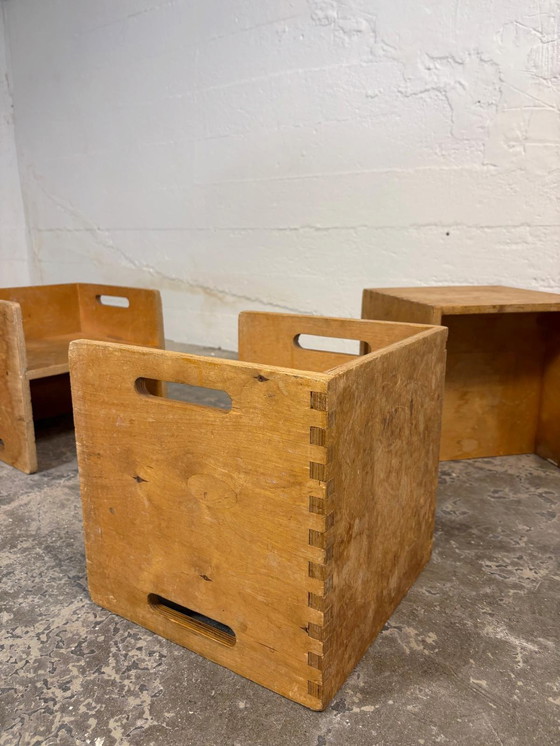 Image 1 of Set of 3 vintage Montessori wooden cube kids chairs 
