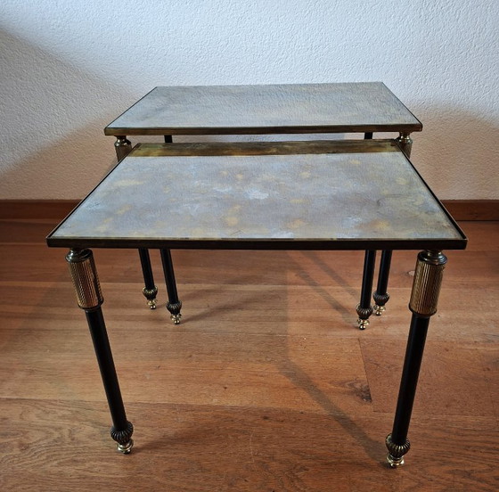 Image 1 of Vintage Maison Jansen style table nest in bronze and Verre Églomisé