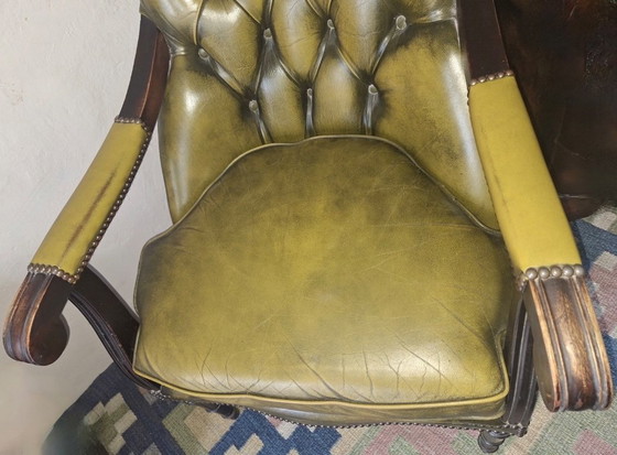 Image 1 of Mid Century Olive Green Tufted Leather Chesterfield Library Armchair, 1970s