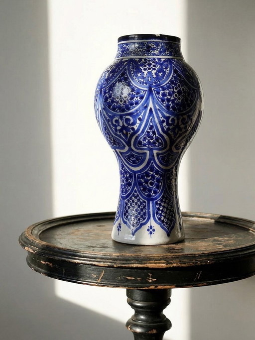 Large Moroccan vase/jar, Fez, handmade Khabia ceramic, 19th-20th century, cobalt