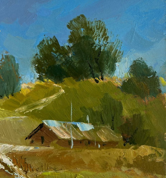 Image 1 of Origineel olieverfschilderij: Dorpsbrug, Landschapspad langs het dorp