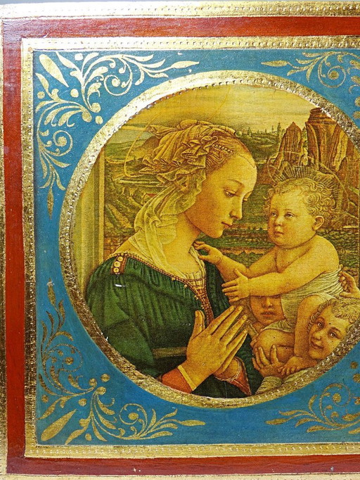 Small Florentine plate painted wood miniature "l'Adoration" Madonna and Child
