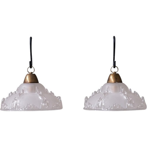 Coppia di lampade a sospensione vintage in vetro "Ice", Francia 1970