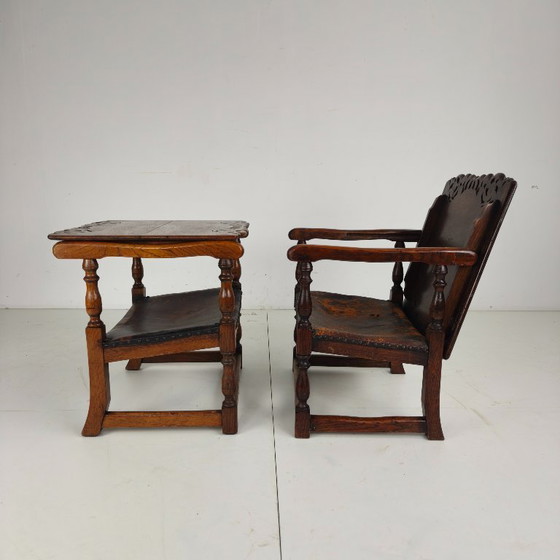 Pair of English Antique Jacobean Monk Armchairs / Tables by F. Parker & Sons Ltd – Wood, Leather (photo 3 of 16)