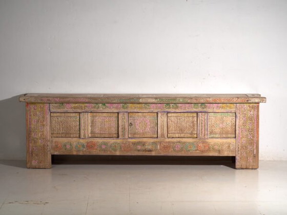 Antikes geschnitztes polychromes niedriges Sideboard aus Kiefernholz – Xinjiang, circa 1900 (photo 26 of 40)