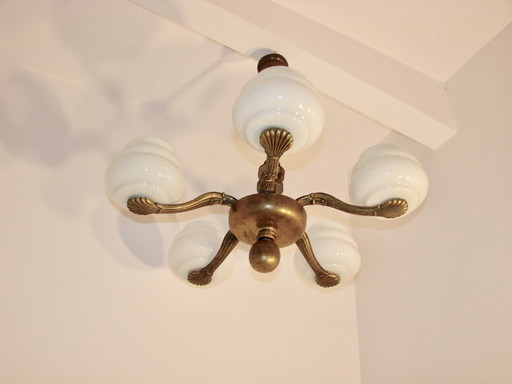 Lampadario anni '30-'40 - Ottone e vetro, 5xE27