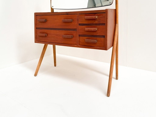 Mid-Century Vanity Table with Mirror, 1950s Danish Modern Teak Dressing Table