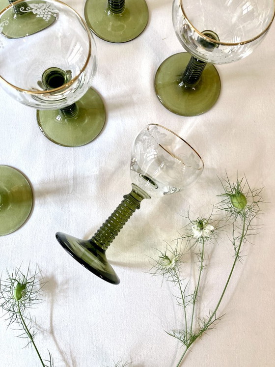 Image 1 of 7 Roemer Alsace wine glasses, moss green stepped stems and gold rim