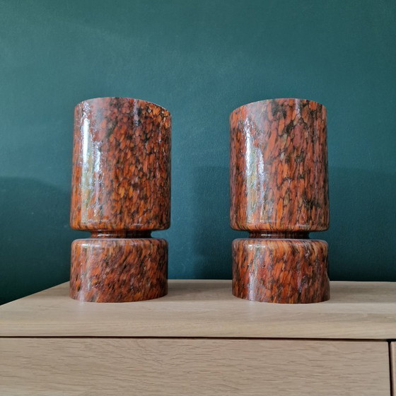 Image 1 of Set van 2 Vintage Peill & Putzler Tafellampen – Space Age Glas – Oranje Gemarmerd – 36 cm Hoog – Duitsland 1970s – Space Age