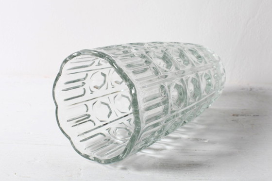 Image 1 of Mid-century Vintage Solid Heavy Clear Hand Pressed Glass Flower Vase / Fidenza / Italy / 1960s