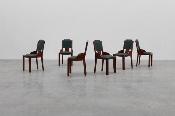 Image 1 of Set van 6 Art Deco eetkamerstoelen in hout met originele bekleding, België jaren 30