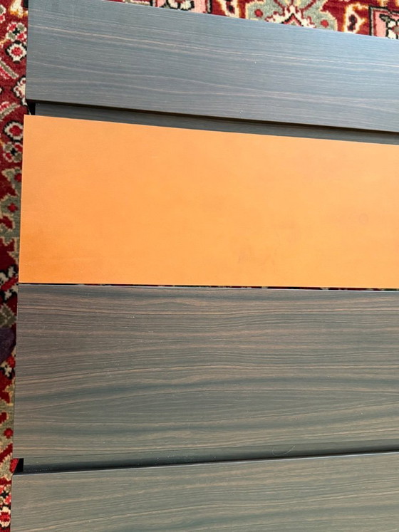 Image 1 of Custom made twin coffee tables in Macassar wood and orange calf leather details