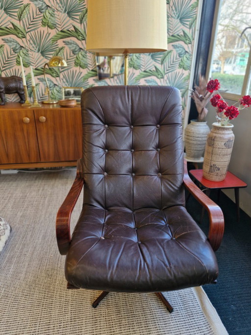 Vintage draaifauteuil bruin leer 70s