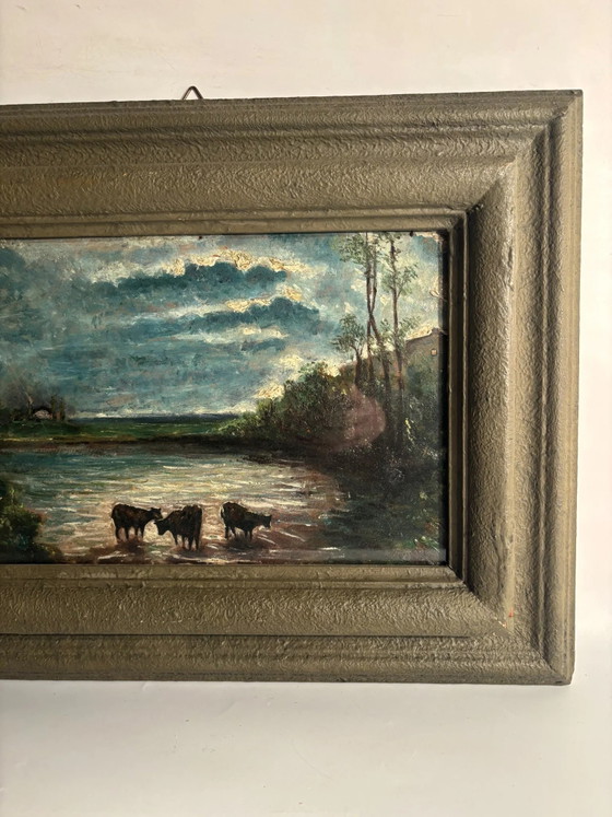 1950s Oil Painting on Board of Cows at Sunset, Paintings & Drawings (photo 3 of 10)