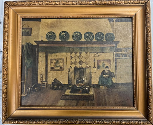 Antique oil painting on wooden panel (1920) – Signed – Interior with fireplace – Includes original frame