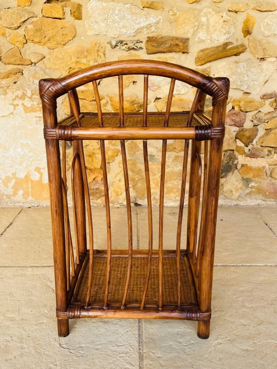 Image 1 of Mid-Century, Two-Tiered, Bamboo & Wicker Nightstand 1970s
