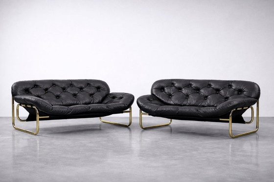 Image 1 of Vintage Mid-Century Scandinavian Modern Glamour Leather Black & Gold Sofa by John-Bertil Häggström for Swed-Form, 1970s