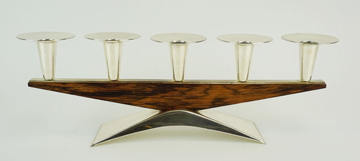 Bougeoir moderne du milieu du siècle, en métal argenté et bois, années 1950-1960