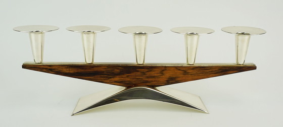 Image 1 of Bougeoir moderne du milieu du siècle, en métal argenté et bois, années 1950-1960