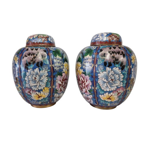 Vintage set of Cloisonné ginger jars.