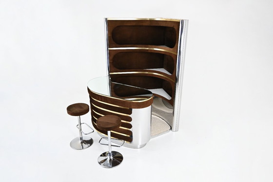 Image 1 of Bar set with 2 stools in the style of Willy Rizzo, 1970s