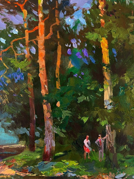 Image 1 of Original Oil Painting Summer Coastal Landscape Forest descending to the river banks