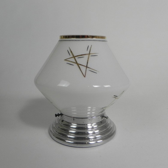 Image 1 of Art Deco Plafondlamp Met Glazen Kap Met Gouden Decoraties, Jaren 30
