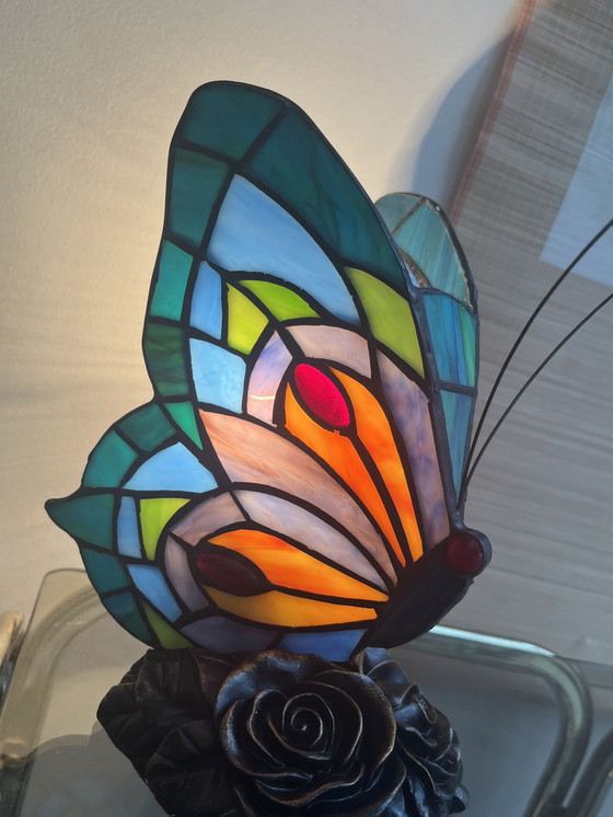 Image 1 of Set Of 2 Stained Glass Table Lamps Butterfly Lamps