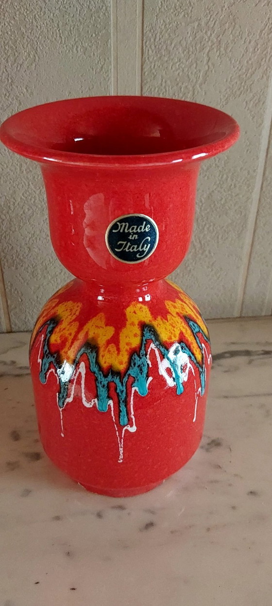 Pichet et Vase en Céramique Italienne, Glaçure Rouge Goutte à Goutte, Vintage (photo 4 sur 5)