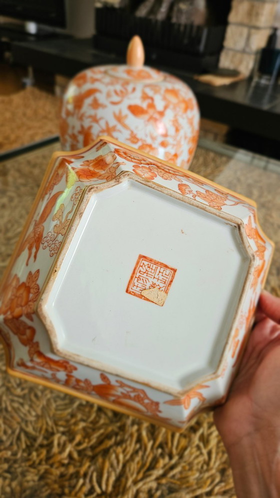 Image 1 of Pot à gingembre rouge corail et bol octogonal de Pah Wan Zhen Cang