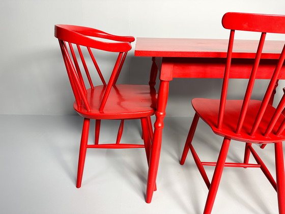 Image 1 of Vintage Set Of 3 Mid-Century Red Lacquered Chairs With Table 