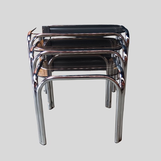 Image 1 of Vintage nesting tables in chrome and smoked glass - Italy 1970s
