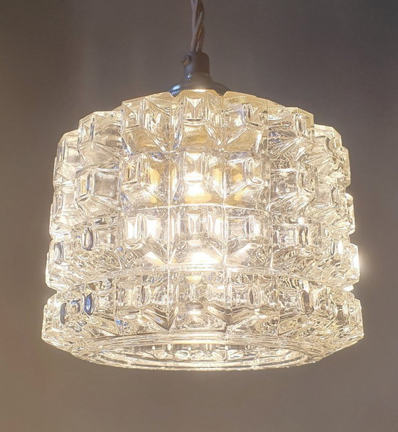Image 1 of Mid-century vintage pendant lamp of thick, textured glass.
