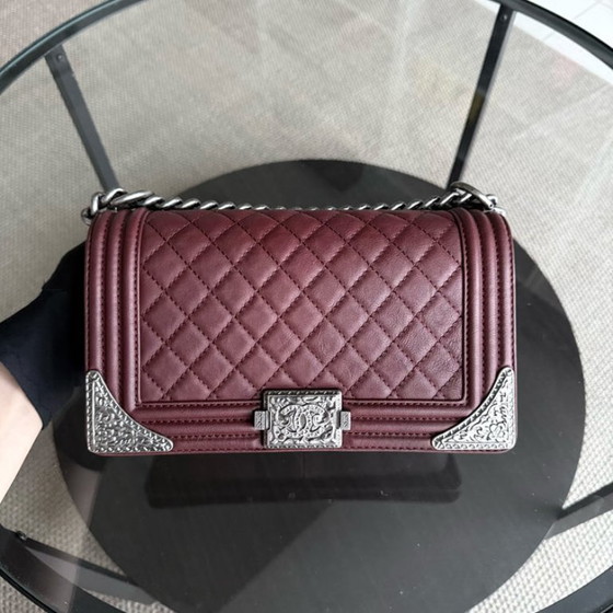 Image 1 of Chanel Boy Medium - 25CM Quilted Limited Edition Paris-Dallas Metal Edge Grained Calfskin Burgundy Silver Hardware Series 19