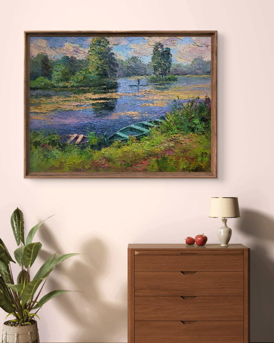 Original Oil Painting Summer Landscape Nature Boat on the Pond – Paintings & Drawings, Canvas (photo 3 of 7)