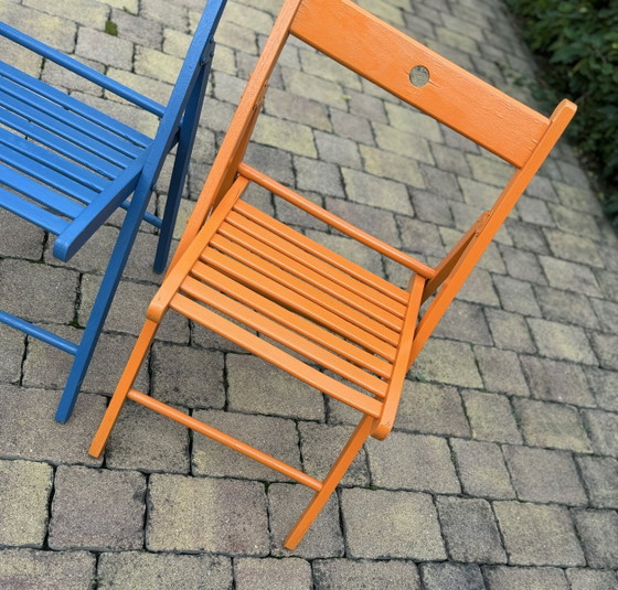 Set of Vintage Painted Blue and Orange Chairs – Dining chairs (photo 3 of 7)