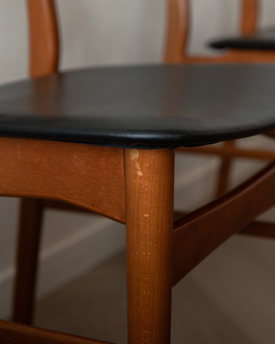 Image 1 of Vintage Danish Dining Chairs, Teak Backrest and Beech Frame, Newly Upholstered Black Skai Seats, 1960s