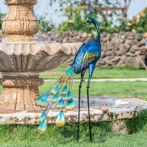 TERESA'S COLLECTIONS 89cm Decoration Jardin Exterieur, Grande Statue de Jardin de Décor de Paon en Métal, Sculptures d'art,Pelou