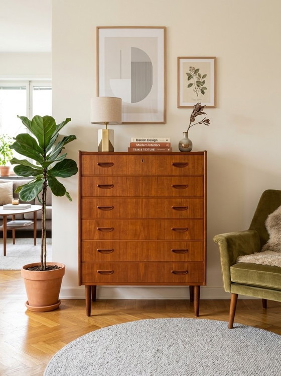 Danish Mid Century Teak Tallboy Chest Of Drawers – Paper, Wood (photo 2 of 5)