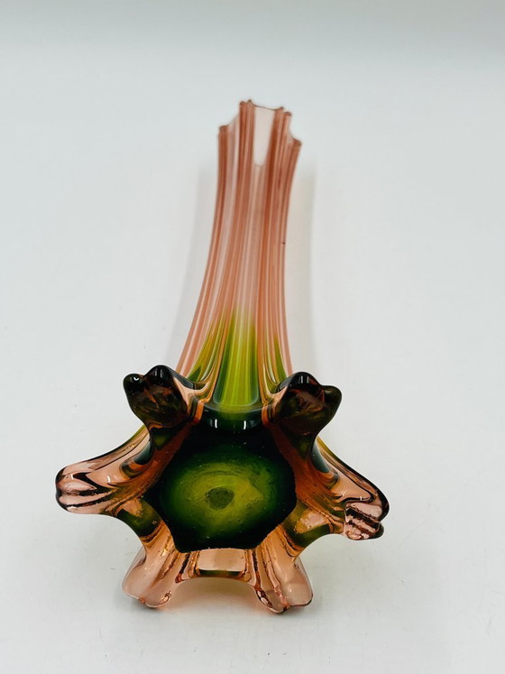 Image 1 of Pair of vintage bud vases in pink and green glass