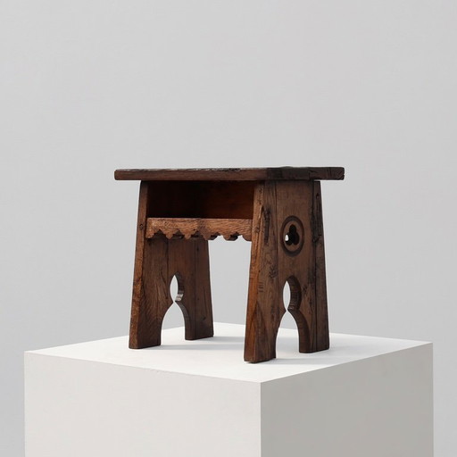 Neo Gothic solid oak rectangular carved stool, France ca. 1900