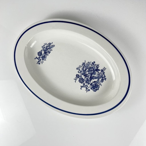 Großes weiß-blaues ovales Geschirr, Vogel- und Blumenmotiv